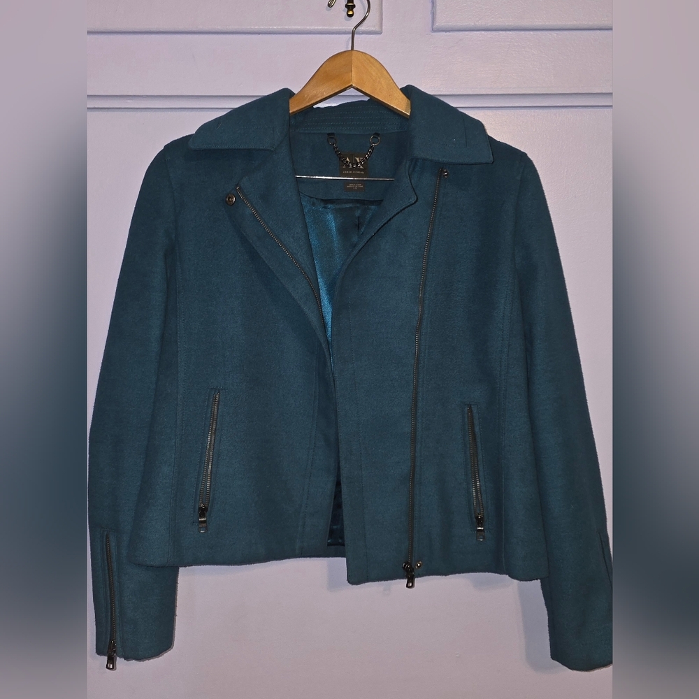 Armani Exchange Women's Blue Fabric biker jacket LARGE
